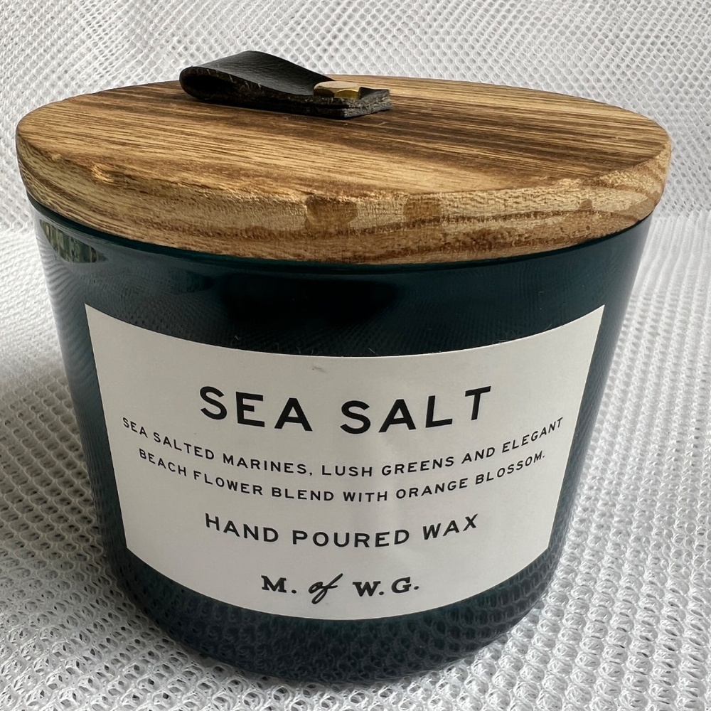 Candle M of WG Wood Lid 2 Wick Sea Salt Hand Poured Wax Unused